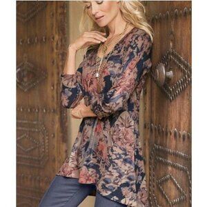 Soft Surroundings floral‎ jungle bird print long sleeve tunic length top